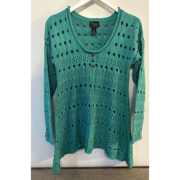 PURE handknit Green open open knit sweater XS/S Wood Buttons Asymmetrical Hem - Picture 1 of 5